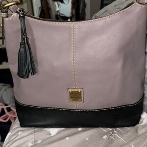 Dooney & bourke gray and black leather shoulder bag with gold accents red int